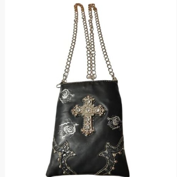 Rustic Coutures Handbags - Rustic Coutures Crossbody Faux Leather Black Pouch with Silver Cross OS GUC